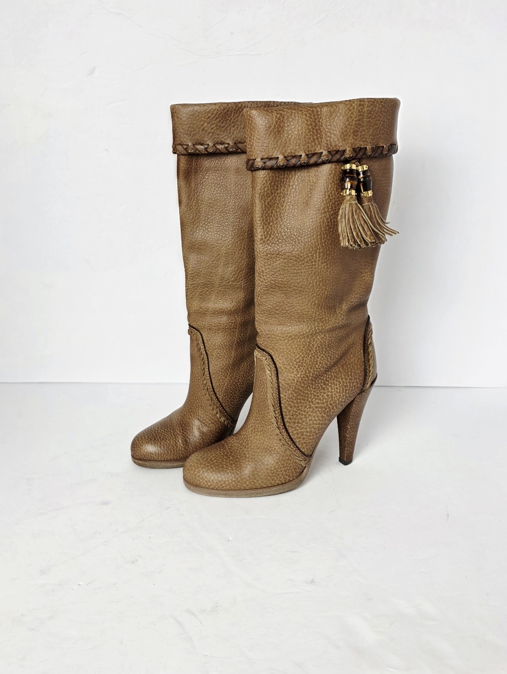 Gucci Marrakech Brown Tan Bamboo Tassels Leather Boots Size 37